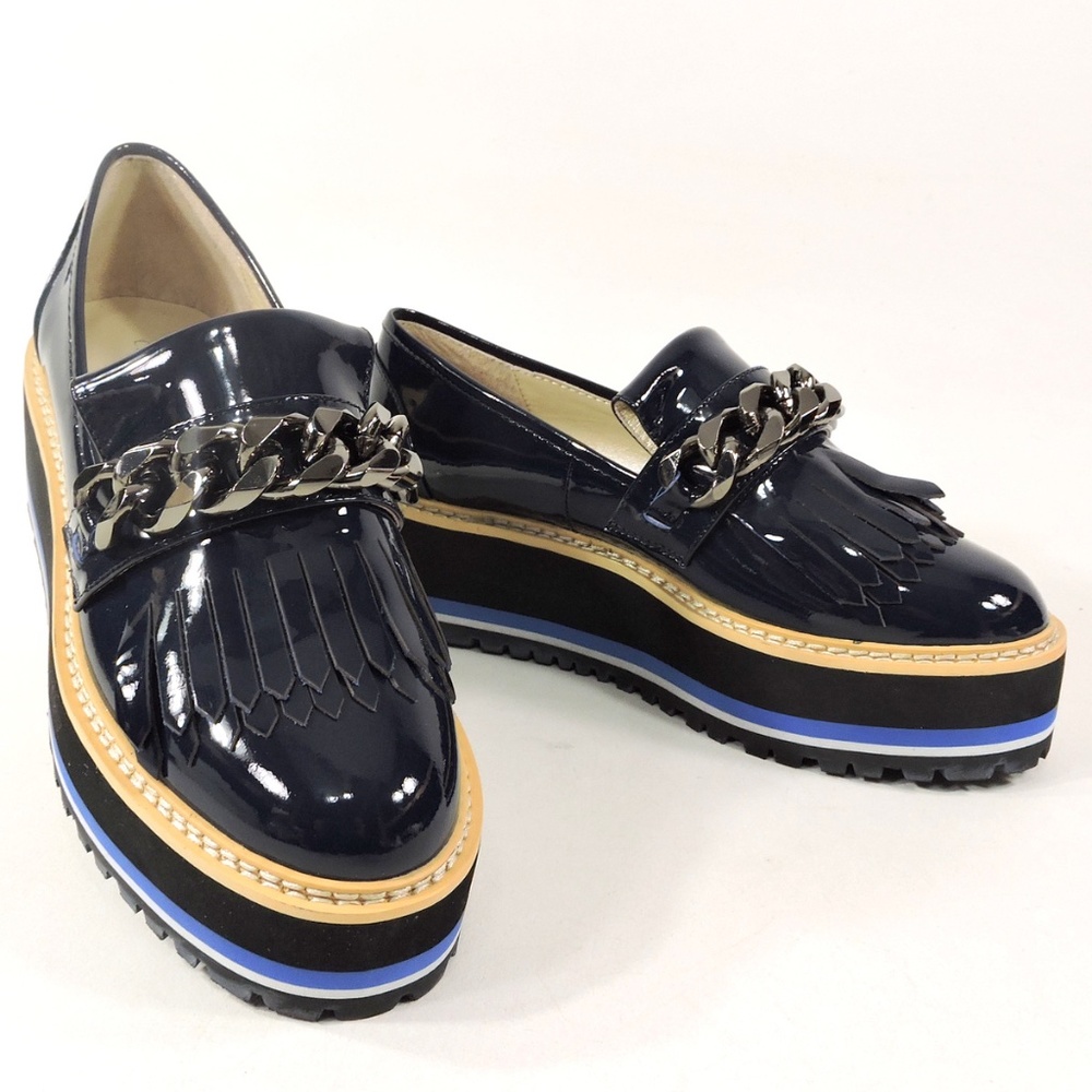 Navy Patent Fringe Chain Platform Loafers